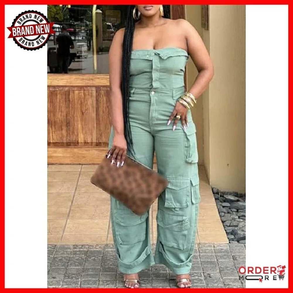 Strapless Denim Jumpsuit Wide Leg Multi Pockets Loose Fit Jean Romper